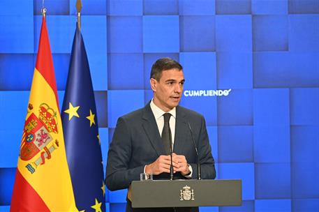 El presidente del Gobierno, Pedro Sánchez, durante la presentación del informe 'Cumpliendo'