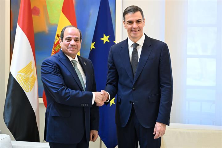 El presidente del Gobierno, Pedro Sánchez, y el presidente de Egipto, Abdelfatah Al-Sisi, durante el encuentro.