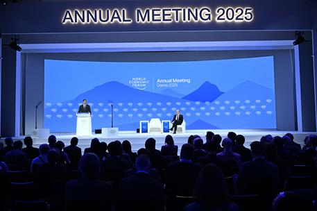 22/01/2025. Pedro S&#225;nchez participa en la 55&#170; reuni&#243;n anual del Foro Econ&#243;mico Mundial. El presidente del Gobierno, Pedro S&#225;nchez, durante s...