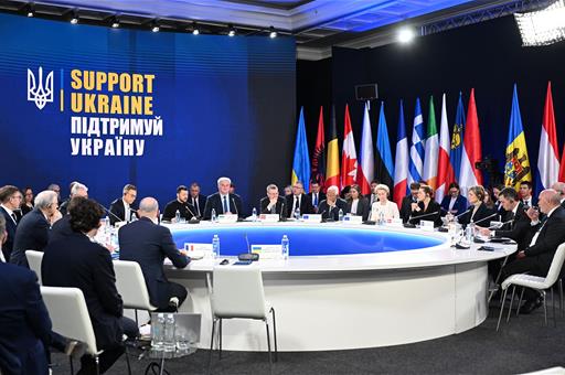 24/02/2025. Pedro Sánchez attends the International Summit in Support of Ukraine. Heads of State gathered at the plenary session of the Inte...