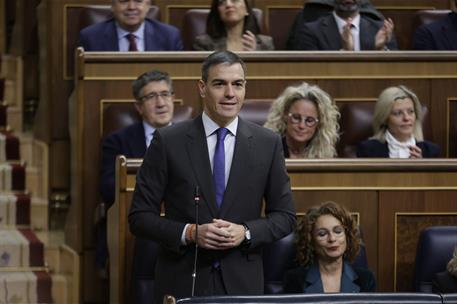 26/02/2025. Pedro S&#225;nchez interviene en la sesi&#243;n de control al Gobierno. El presidente del Gobierno, Pedro S&#225;nchez, junto a la vicepresiden...