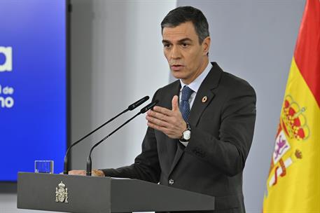 28/01/2025. Pedro S&#225;nchez comparece tras el Consejo de Ministros. El presidente del Gobierno, Pedro S&#225;nchez, durante la comparecencia poster...