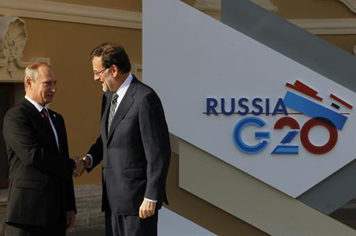5/09/2013. El presidente asiste a la Cumbre del G20 en San Petersburgo. El presidente del Gobierno, Mariano Rajoy, es recibido por el presid...