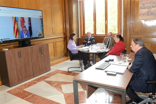 Luis Planas y su equipo durante la reunión por videoconferencia con el conseller de Agricultura, Agua, Ganadería y Pesca 