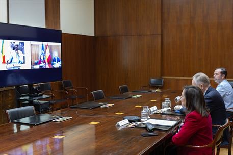 14/03/2024. The Minister for Defence, Margarita Robles, during the conversation by videoconference with her counterpart from Mali, Colonel Sadio Ca...