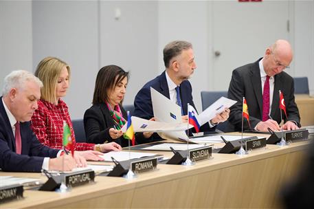 13/02/2025. Meeting of NATO defence ministers. The Minister for Defence, Margarita Robles, during the meeting of NATO defence ministers