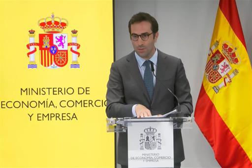 El ministro de Economía, Comercio y Empresa, Carlos Cuerpo, durante la rueda de prensa que ha ofrecido