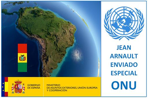 Collage banderas de la ONU, Bolivia y logo del Ministerio de Asuntos Exteriores, Unión Europea y Cooperación