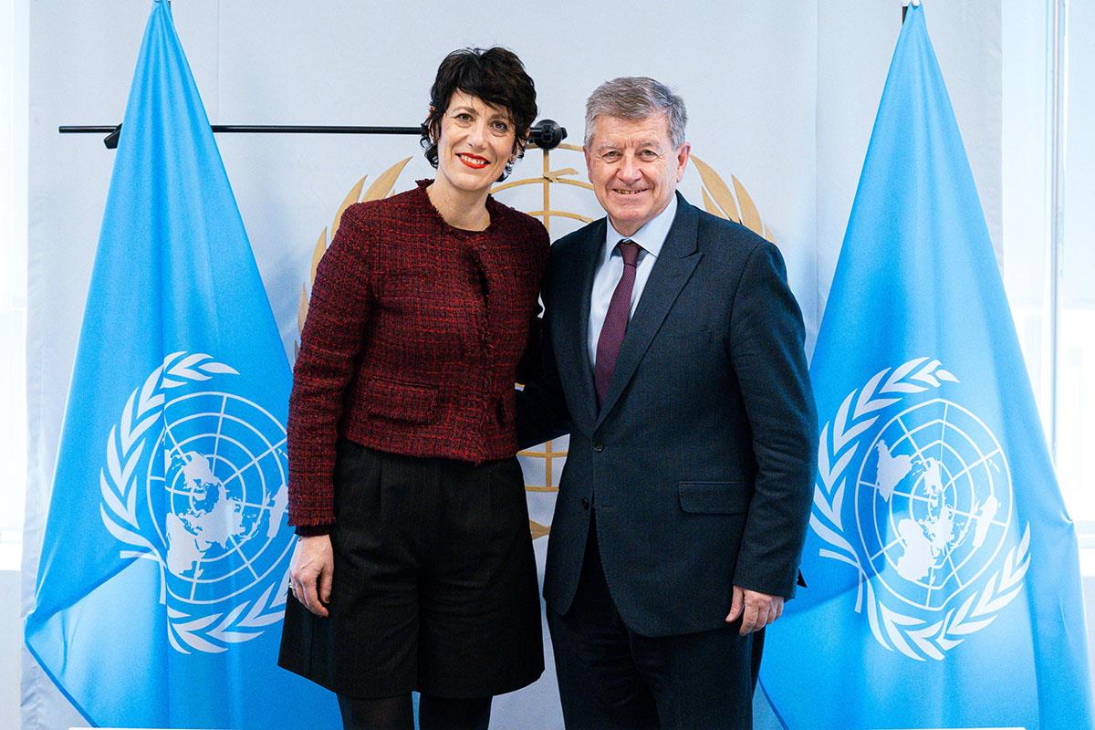 Elma Saiz en el encuentro con Guy Ryder en Nueva York.