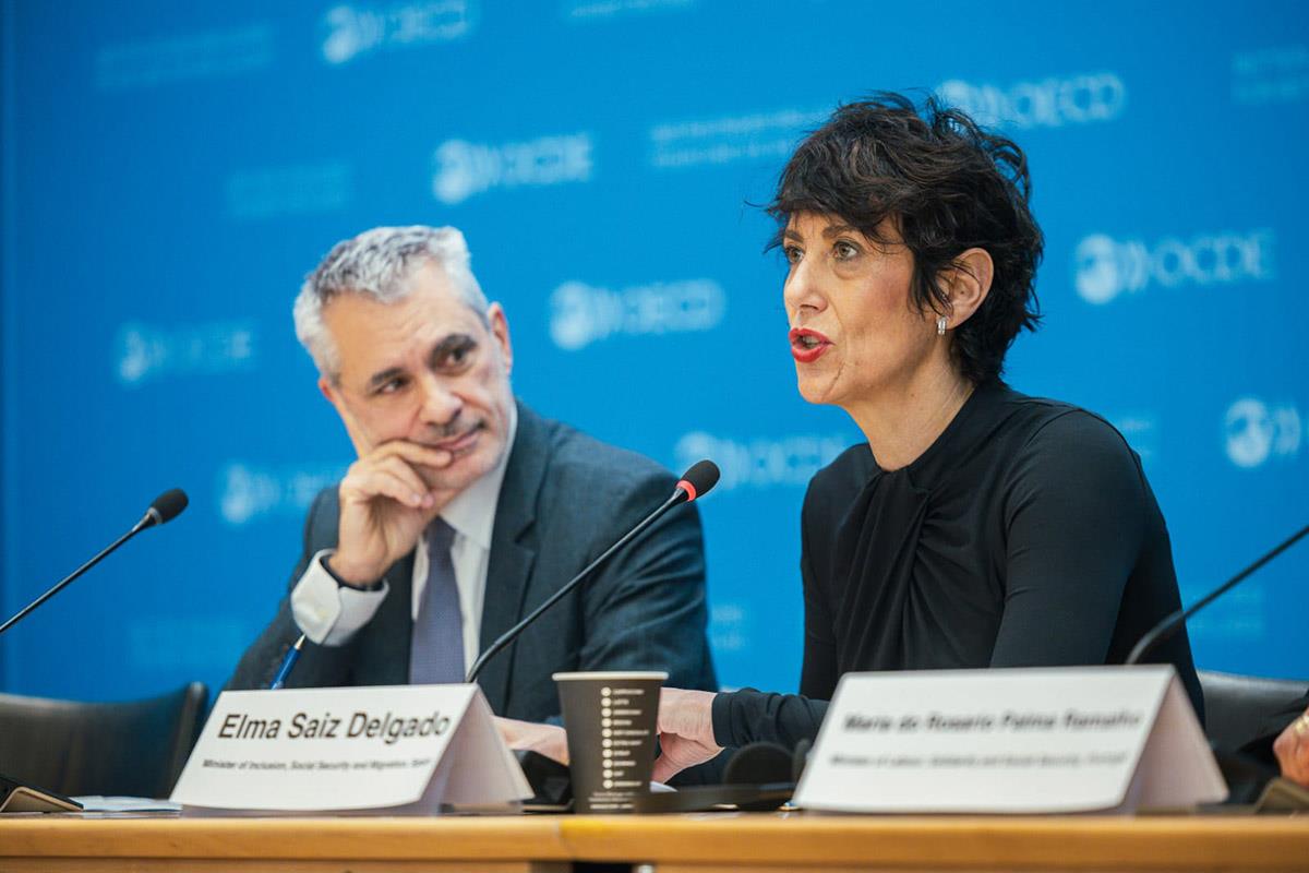 La ministra de Inclusión, Seguridad Social y Migraciones, Elma Saiz, durante su intervención en la reunión.