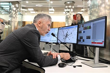 El ministro del Interior, Fernando Grande-Marlaska, durante su mensaje de felicitación a la Policía Nacional