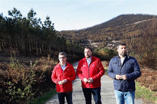 El ministro Félix Bolaños y el presidente del Principado de Asturias, Adrián Barbón, en una zona afectada por los incendios