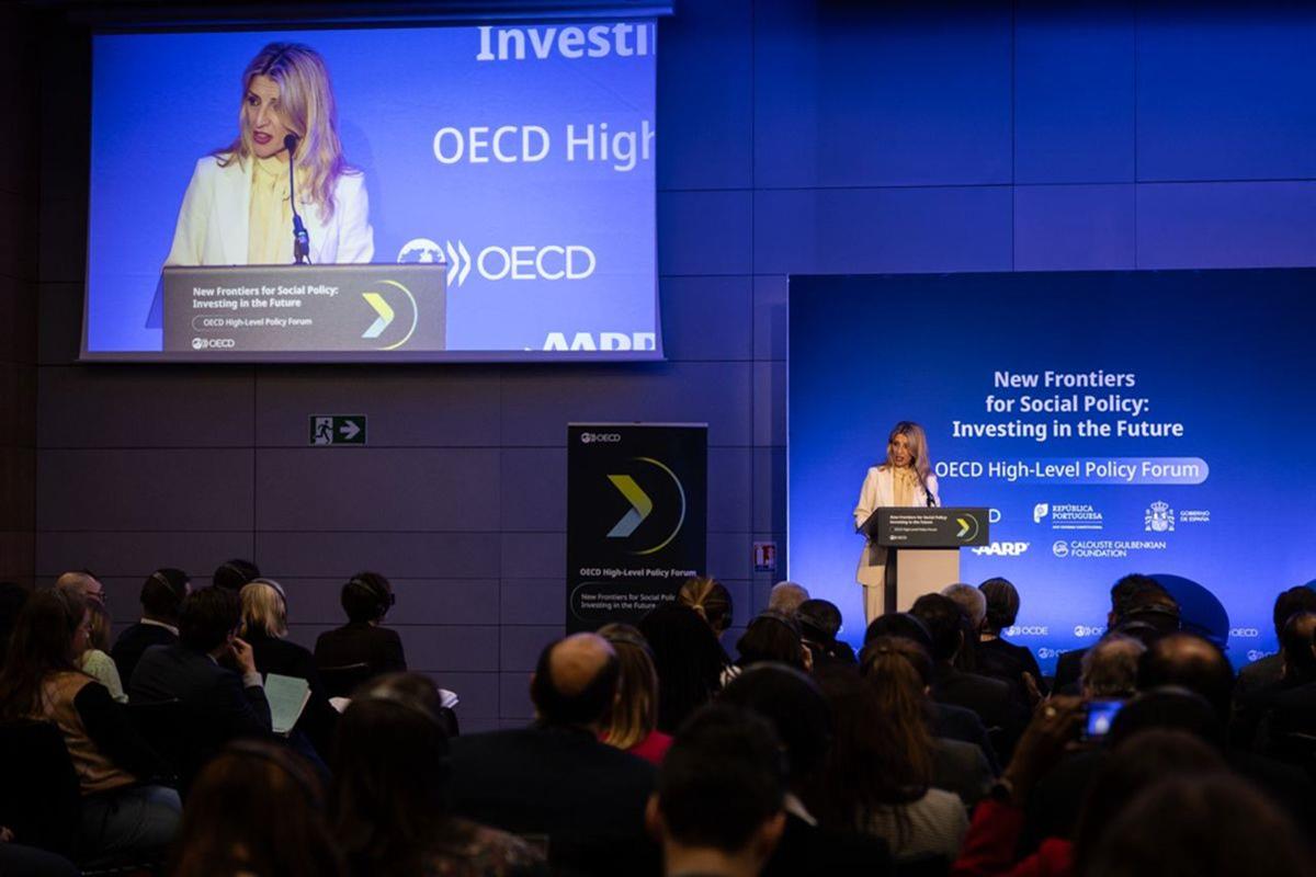 La vicepresidenta segunda y ministra de Trabajo y Economía Social, Yolanda Díaz, durante su intervención.