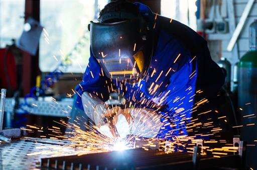 3/09/2024. A worker welds metals in a workshop. A worker welds metals in a workshop